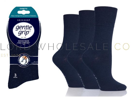 WOMENS SOCKS   -  DIABETIC Ladies Navy Gentle Grip Socks by Sock Shop 3 PR PACK