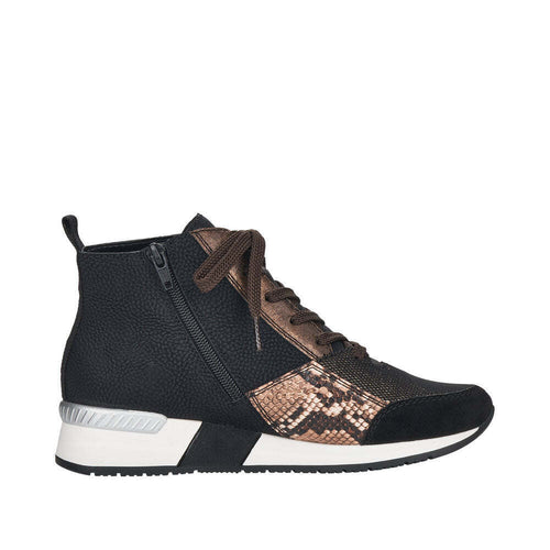 RIEKER WOMENS N7610-00 MOROKKO Black/Bronze Combination Hightop Ankleboot