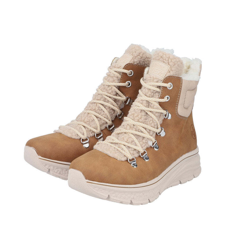 RIEKER WOMENS 48030-24 MORELIA Tan Nubuck/Beige Teddy Lace-up Warmlined Boot