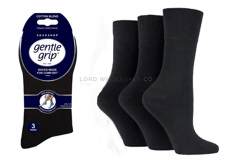 WOMENS SOCKS   -  Plain Black Gentle Grip 3 Pair Pack Socks by Sock Shop