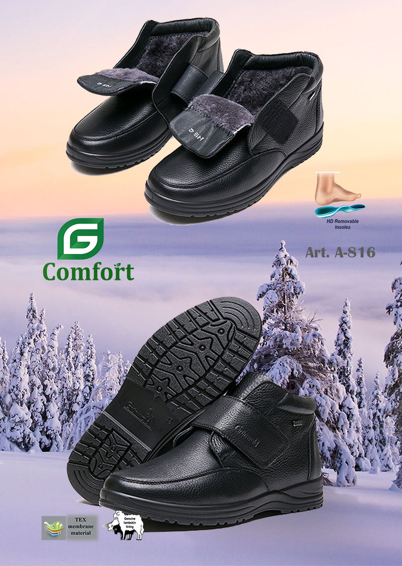 G-COMFORT MENS  A-816 Black Leather, Wool Lined  Extra-wide Fit Boot