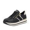 REMONTE WOMENS D1318-01  ROCK Black/Gold Lace-up Sneaker with Zip