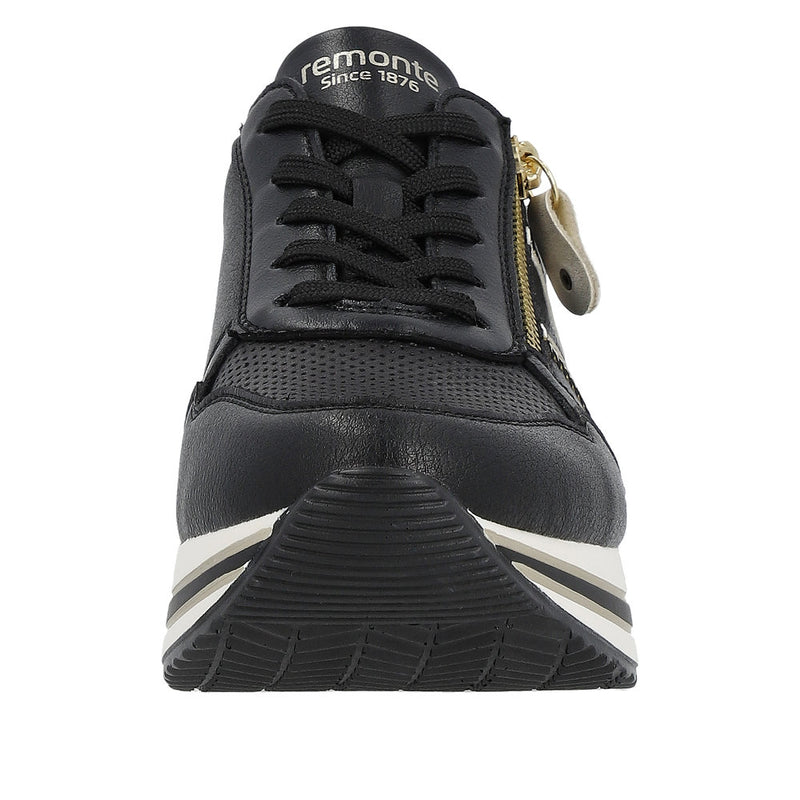 REMONTE WOMENS D1318-01  ROCK Black/Gold Lace-up Sneaker with Zip