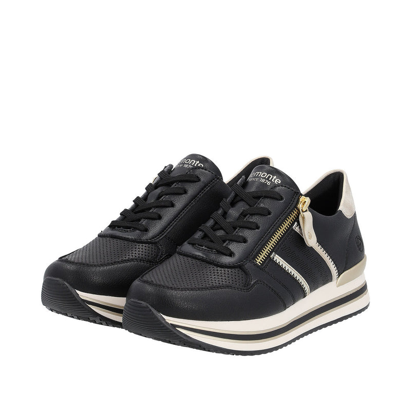 REMONTE WOMENS D1318-01  ROCK Black/Gold Lace-up Sneaker with Zip