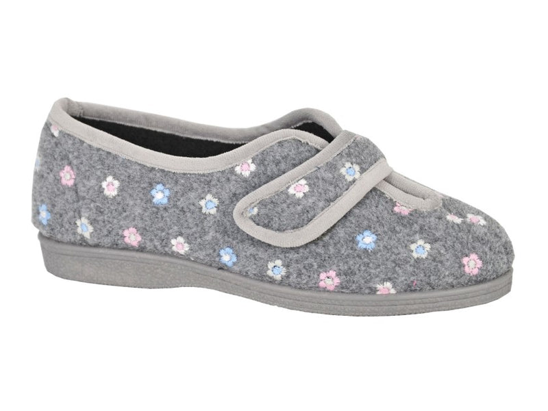 SLEEPERS WOMENS LS182F MATILDA Grey Floral Embroidered Touch Fastening Slipper