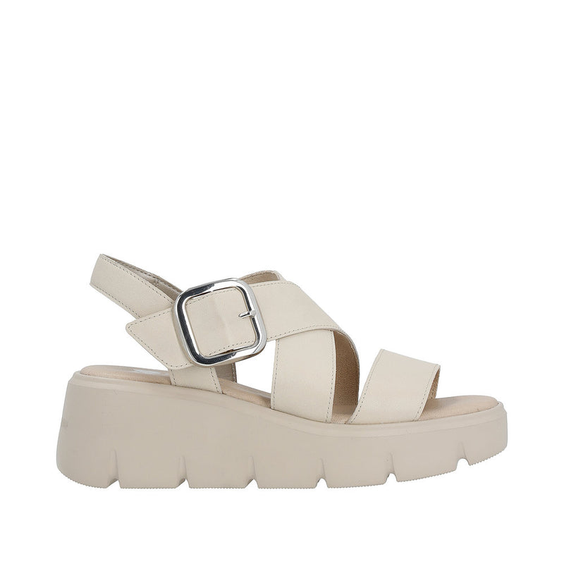 RIEKER WOMENS W1550-60  BARCRO Cream Leather Strap Wedge Sandal