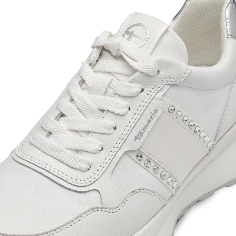 TAMARIS WOMENS 23737  White/Silver Combination Leather Sneaker