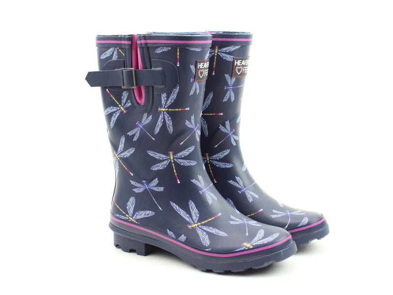 HEAVENLY FEET MARVELWomen's Navy/Pink Dragonfly Print Wellingtons with fleece lining