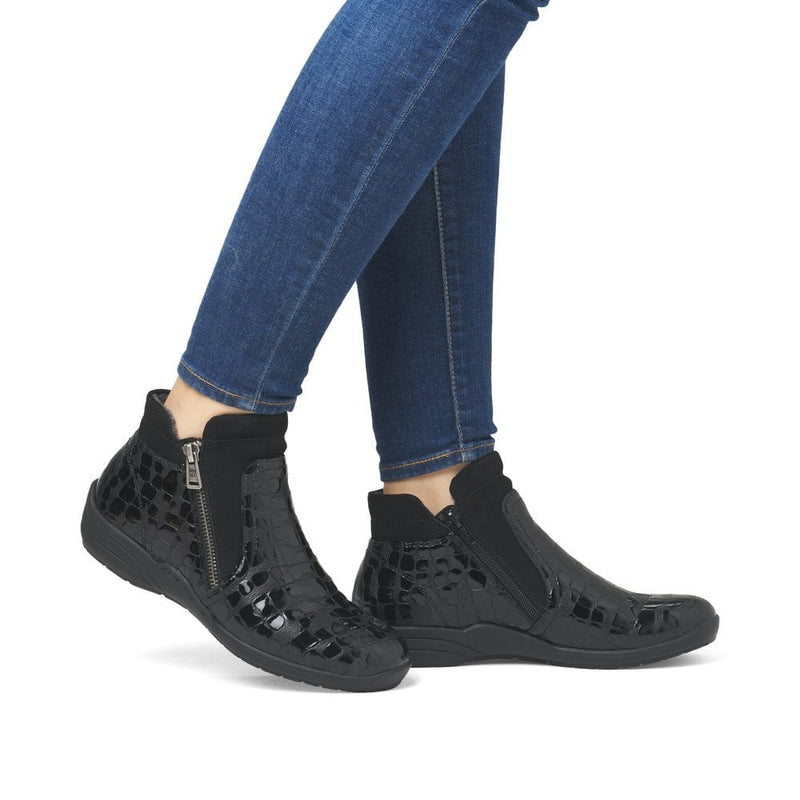 REMONTE WOMENS R7677-03 Black Patent Croc Ankle Boot