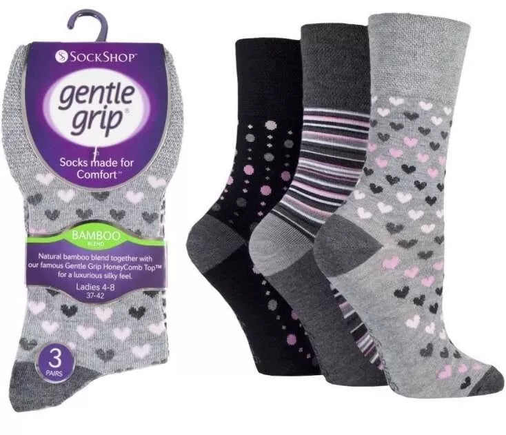 WOMENS SOCKS   - BAMBOO Grey Patterned Gentle Grip Socks by Sock Shop