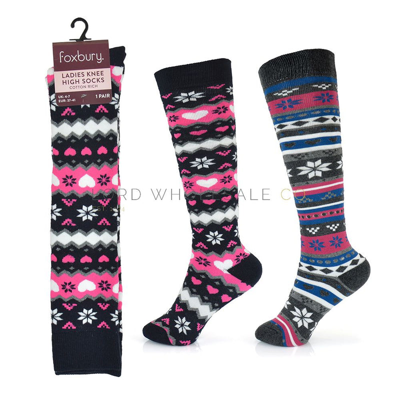 WOMENS SOCKS  Ladies Cotton Rich Fairisle Knee High Socks Foxbury