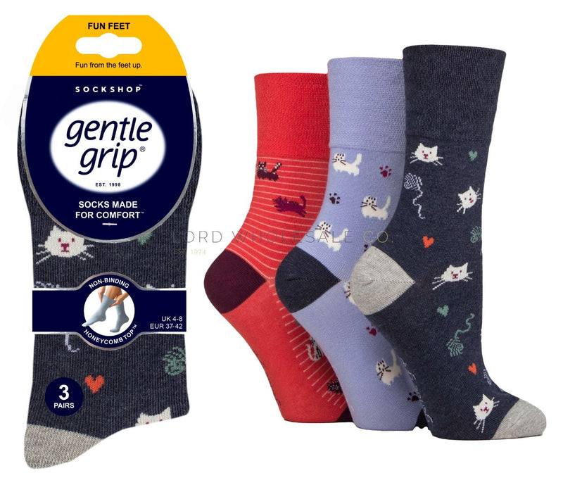 WOMENS SOCKS   -   Fun Feet Cat Person Gentle Grip Socks by Sock Shop  3 Pair Pack