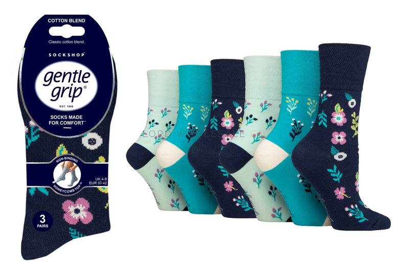 WOMENS SOCKS   -  Ladies Bohemian Floral Gentle Grip Socks by Sock Shop 3 Pair Pack