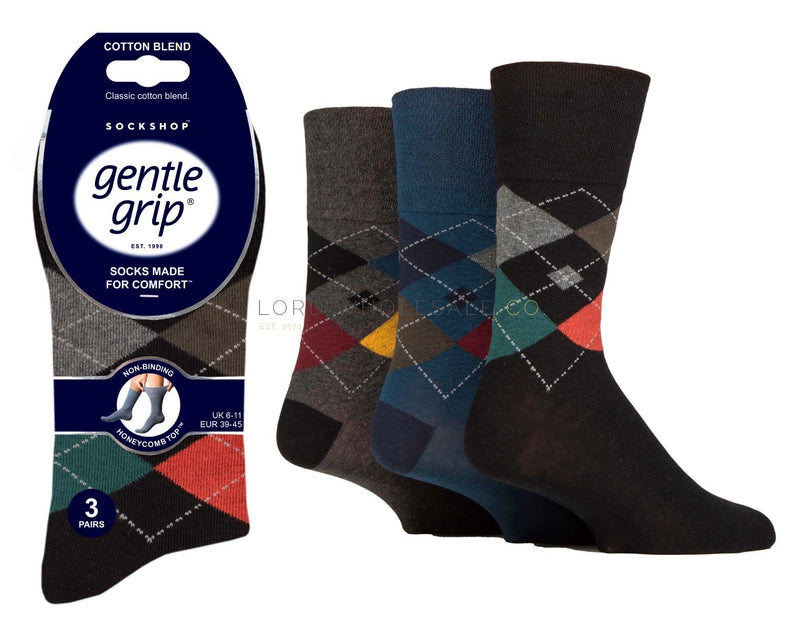 MENS SOCKS  -  Men's Rustic Argyle Gentle Grip Socks by Sock Shop 3 Pair Pack