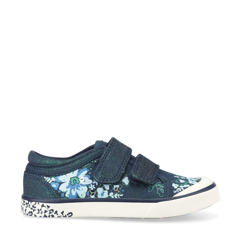 STARTRITE FLOWER Girls Navy Floral/Green Glitter Canvas Shoe ( F Fit )