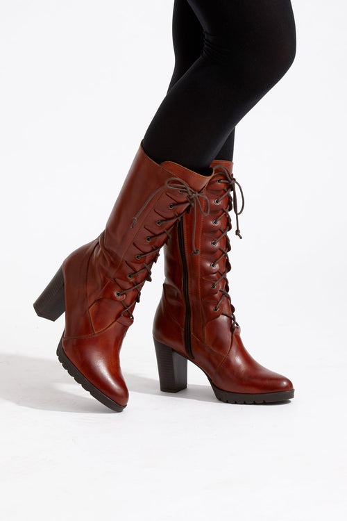 CAPOLLINI WOMENS G565 ELORA Tan Leather 3/4 Boot with Lace-Up detail