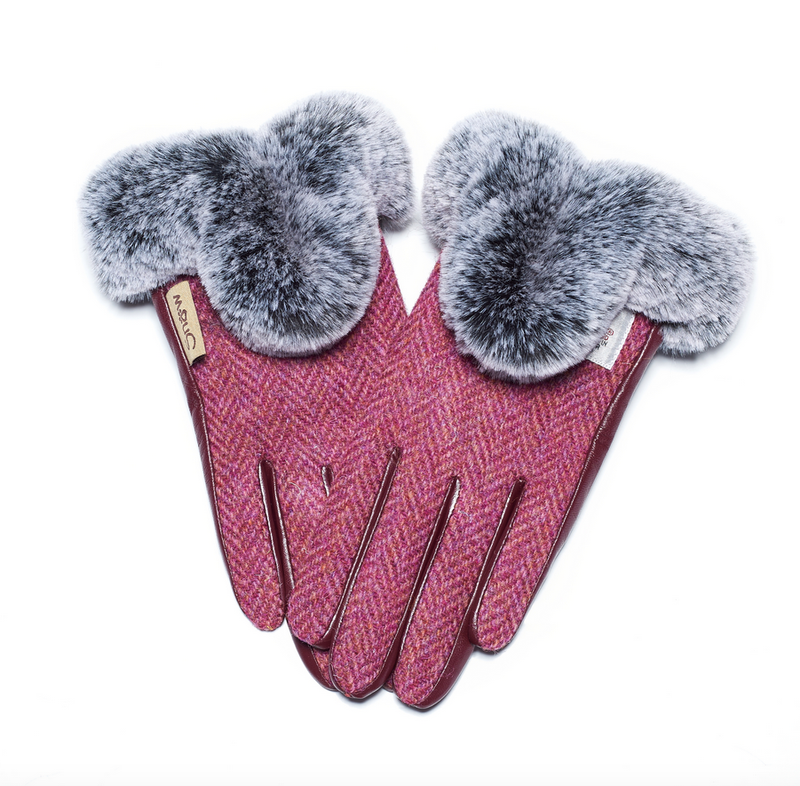 ISLANDER(Snowpaw) 9701MARHBLOL Women's  Maroon Herringbone HB Harris Tweed/Leather Gloves with Fur